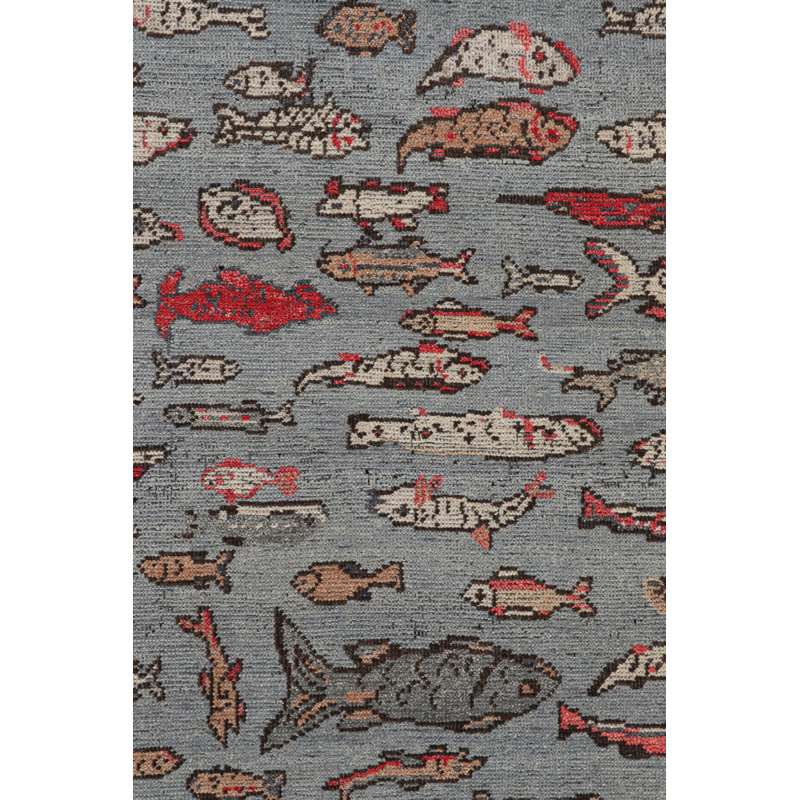 Rug & Kilim’S Mid-Century Rug In Blue With Colorful Fish Pictorials, Rectangle 9' x 12'