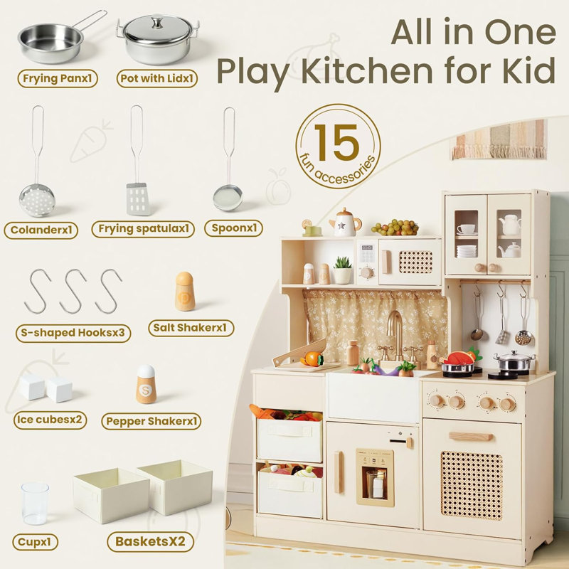 Kids Wooden Play Kitchen Set With Stove Sink And Ice Maker, Pretend Cooking Kitchen With Storage Bins And Accessories For Toddlers And Children