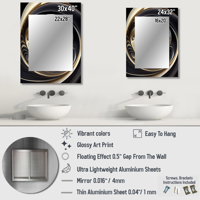 Gold Black And White Stained Glass V - Abstract Spirals Large Mirror, Gold Decorative Wall Mirror, Printed Metal Art