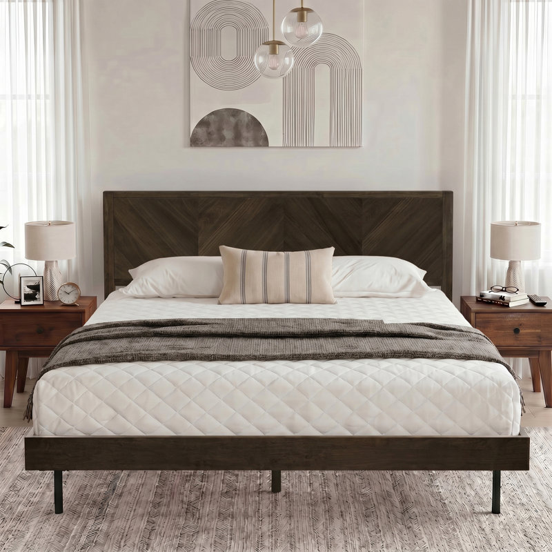 Queen Solid Wood Platform Bed with Headboard, No Box Spring Needed - 800 lbs Heavy Duty Bed Frame, Mocha, Queen, Mocha