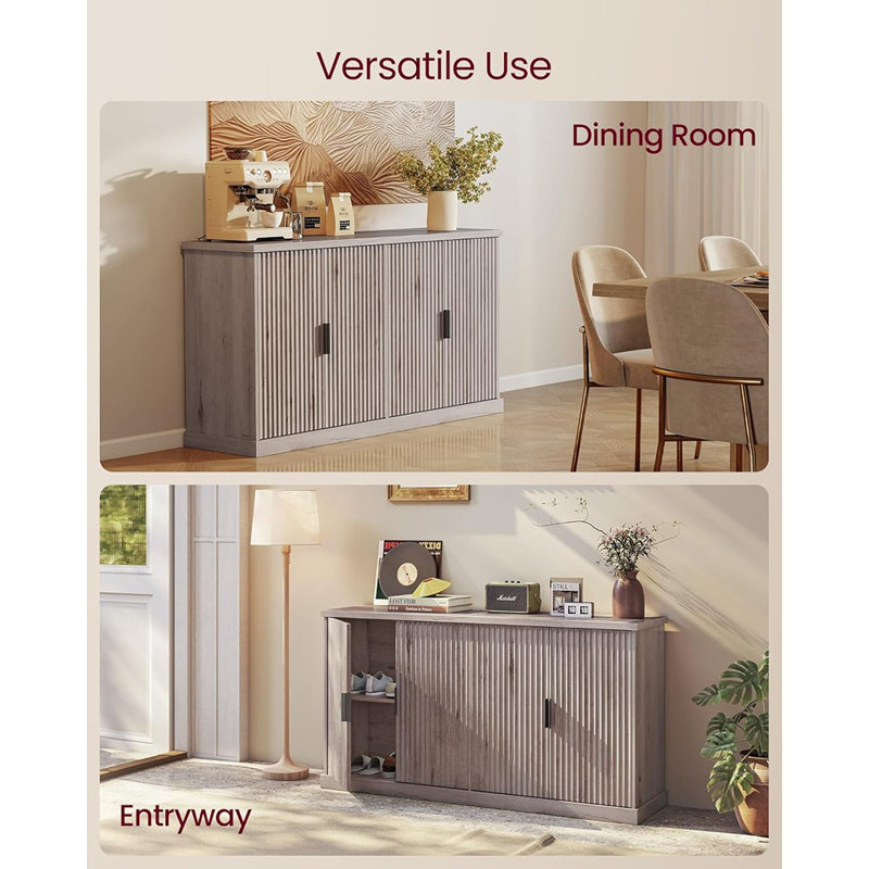 Fluted Console Buffet Cabinet, Adjustable Shelves, Grey