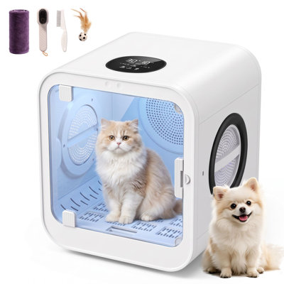Boîte de séchage pour animaux de compagnie pour chats et petits chiens, cabine de séchage ultra-silencieuse de 70 L, sécheuse de toilettage automatique pour animaux de compagnie avec 3 réglages de vitesse réglables, séchage uniforme à 360 °, fenêtre pour animaux de compagnie, contrôle intelligent de la température