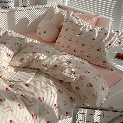 Pink Duvet Cover Set Cherry Bow Pattern Aesthetic Cotton Bedding Set Zipper Closure Quilt Cover