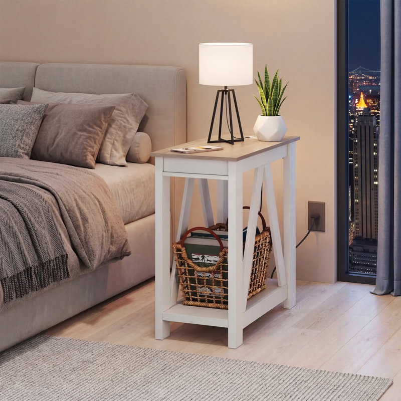 Huspon 24" End Table With Charging Station And Storage Shelf, Farmhouse Sofa Small Side Table With 2 USB Ports And 2 Power Outlets