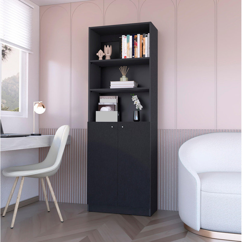 Bibliothèque noire avec 2 portes - Tablette de rangement moderne pour la maison / le bureau