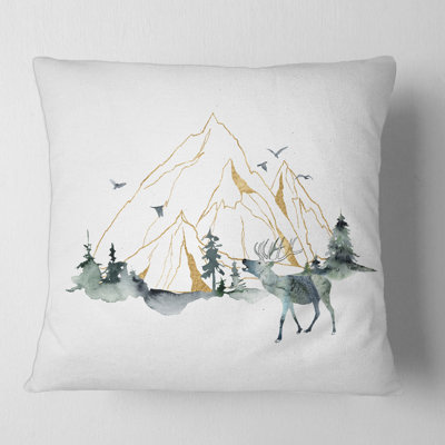 Minimalistic Landscape of Forest Mountains and Deer Square Pillow Cover & Insert