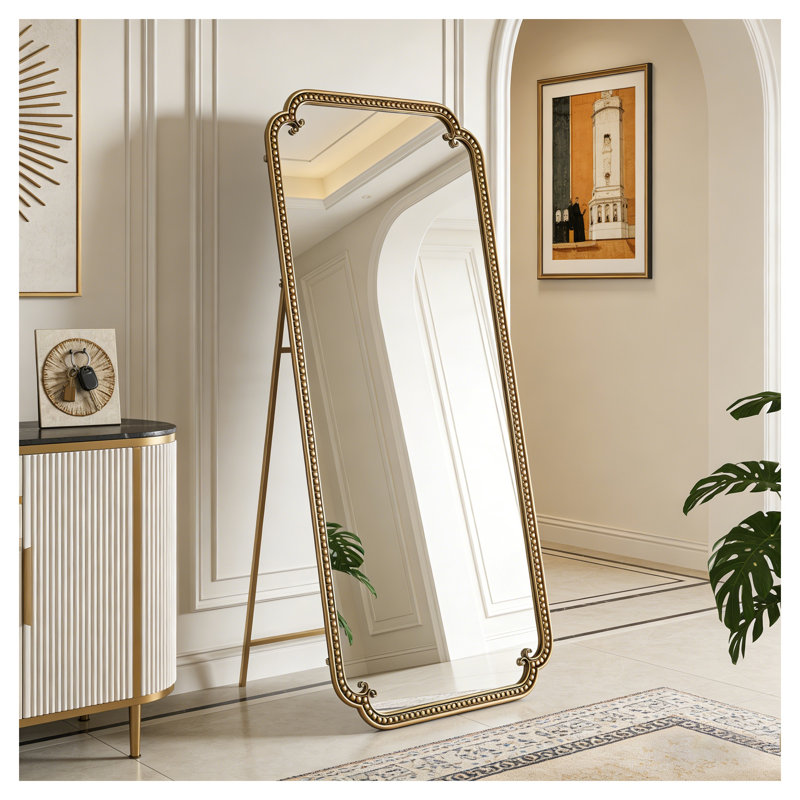 Miroir de plancher 70,1 po en or antique avec support, grand miroir à cadre perlé pour chambre et salon