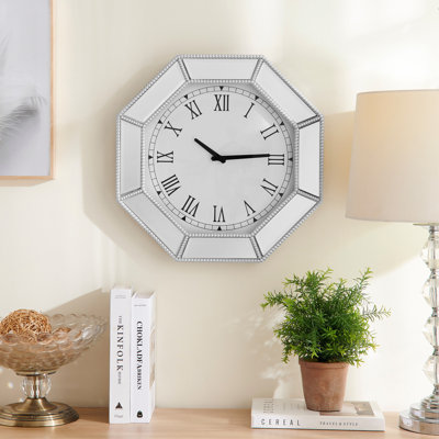 Mirrored Wall Clock With Silver Beaded Octagonal Glass Trim, Modern Wall Clock, Decorative Silver Glass Mirror Clock For Living Room, Bedroom & Dining Room 17.7 Inch