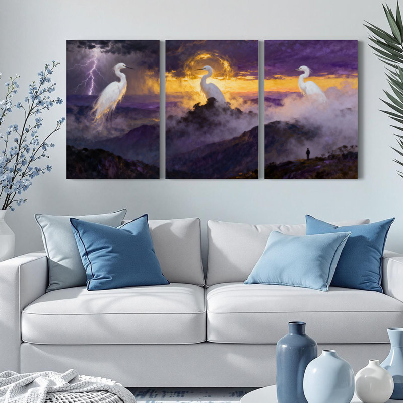 Ensemble de 3 tableaux sur toile tendue représentant un héron blanc dans un ciel orageux, H 30 po x l 60 po
