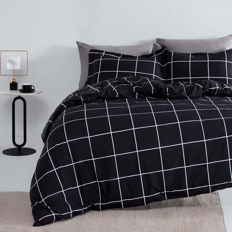 Twill Plaid Duvet Cover, Black, Full/Queen Duvet Cover + 2 Standard Shams