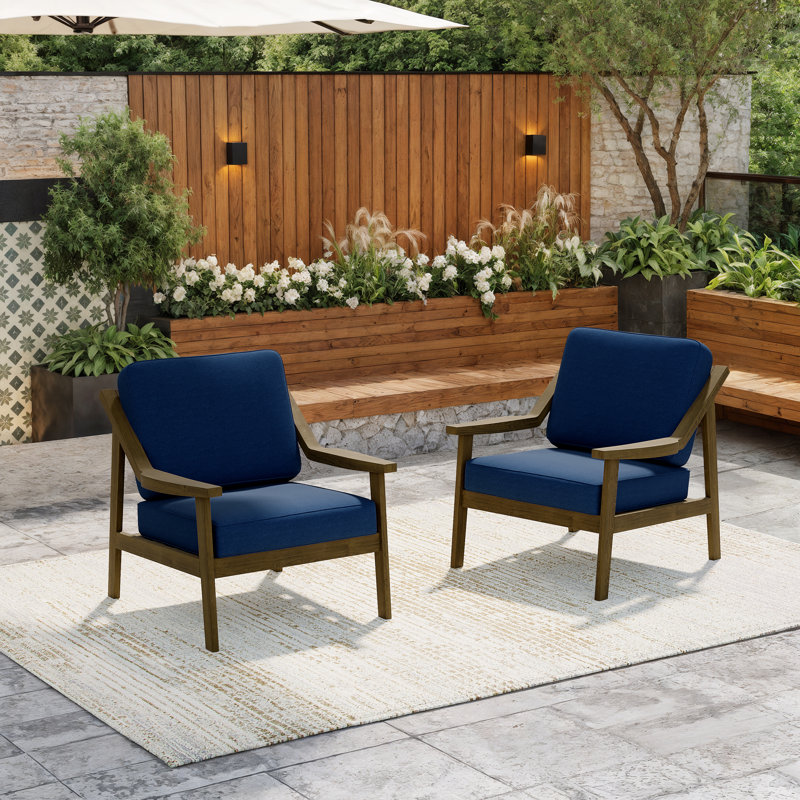 Marlo Solid Wood Teak Outdoor Lounge Chairs With Cushion And Arms, Brown, Navy
