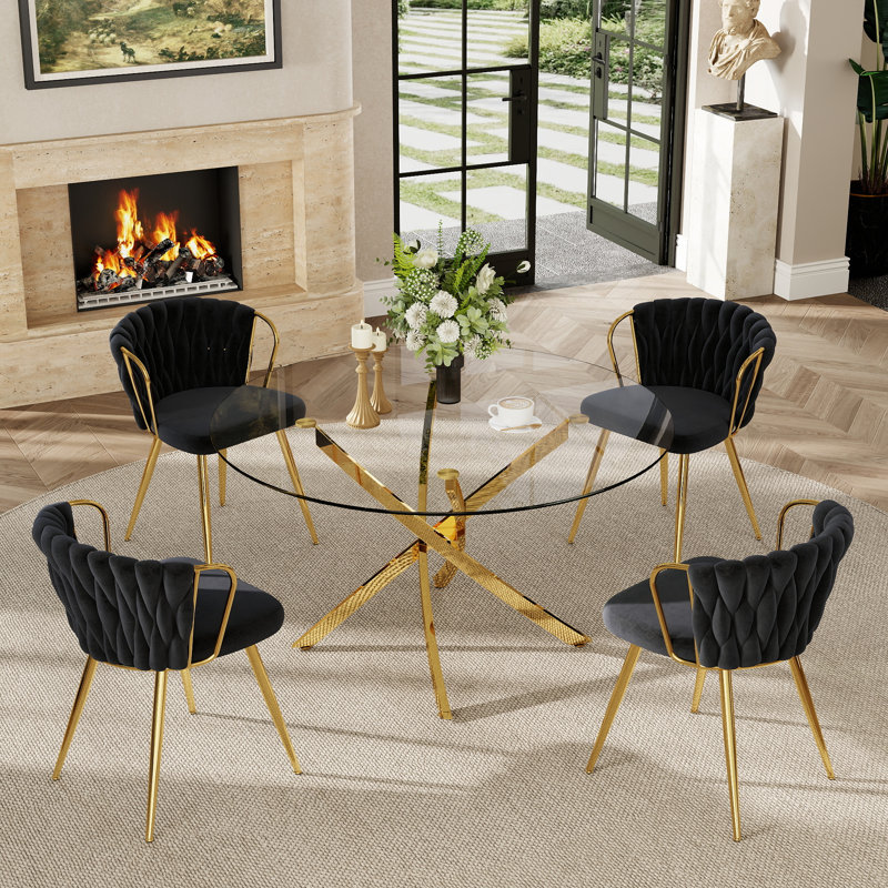 5 - Piece Round Glass Dining Set, 29.5"H x 47.24"L x 47.24"W, Black/Gold