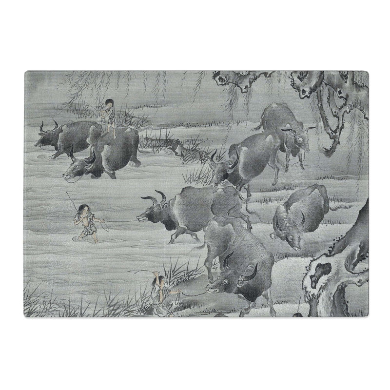Tempered Glass Buffalo and Herdsman by Kawanabe Kyosai Chopping Board, 28.5cm W x 20cm L