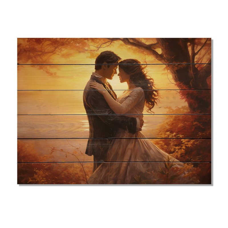 Couple romantique, étreinte lumineuse paysage I sur bois, H 30 po x l 40 po x P 0,78 po