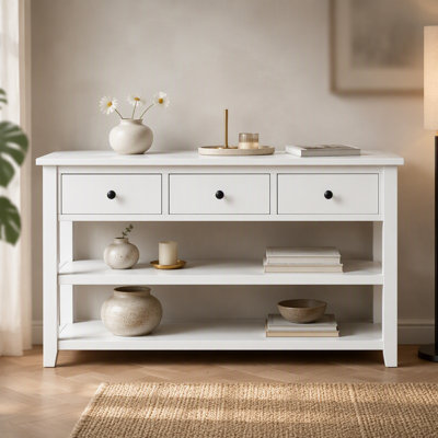 Design Console Table with Two Open Shelves, Pine Solid Wood Frame and Legs