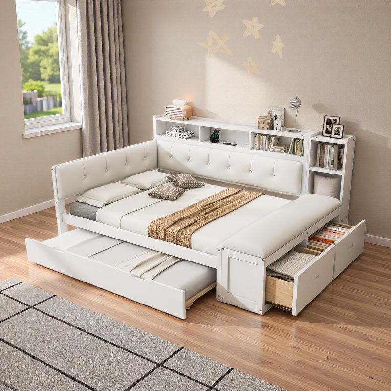 Comfortable Daybed With Trundle, Storage Shelves, Bench, Charging Station And Upholstered Headboard, White