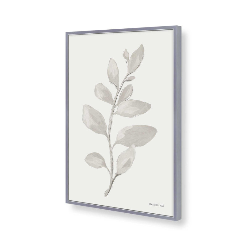 Élégantes feuilles grises I print, Encadrement de coin ouvert en chrome poli, H 37,25 po x l 25,25 po