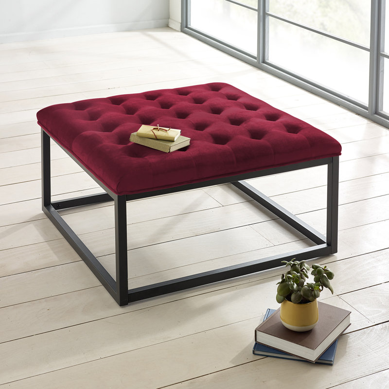 Ava 87cm Wide Velvet Tufted Square Solid Colour Footstool Ottoman, Ruby Red
