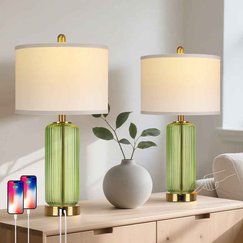 27" Modern Glass Bedside Lamps With Usb A+c Ports, Green/Gold