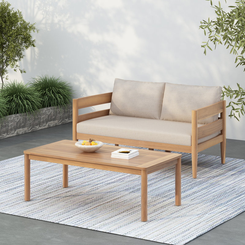Ensemble de causeuse et de table basse d'extérieur en acacia Avery avec coussins hydrofuges, Beige, Teck clair