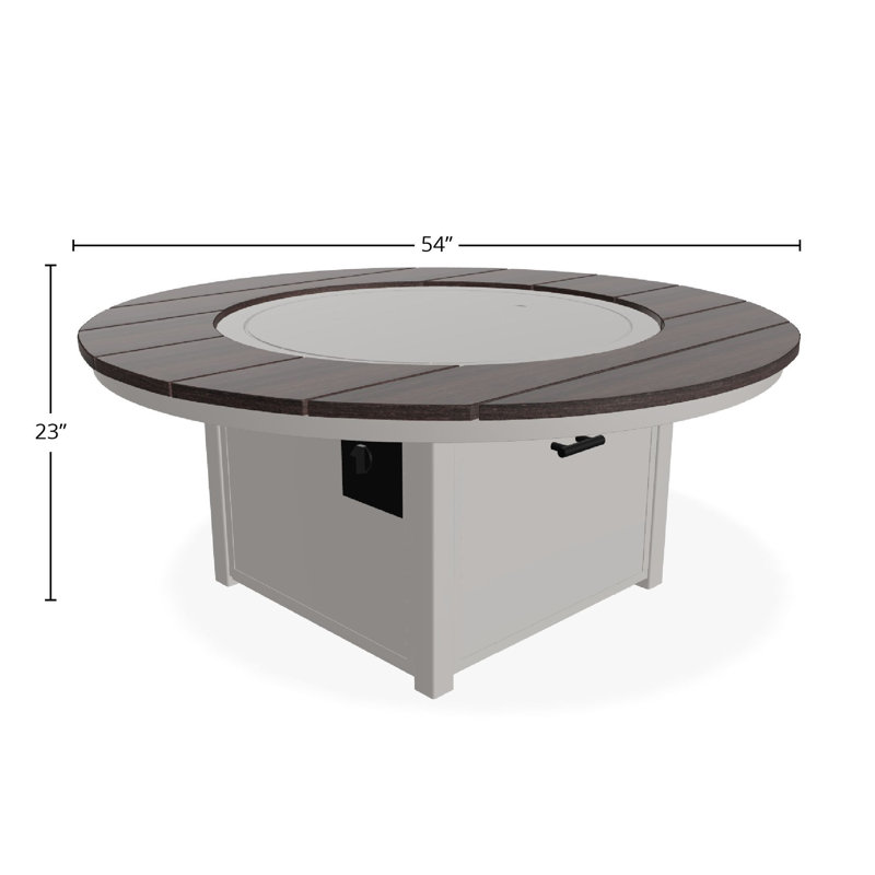 54" Round Rustic Polymer Fire Table with Propane Shelf, Warm Gray/Chestnut