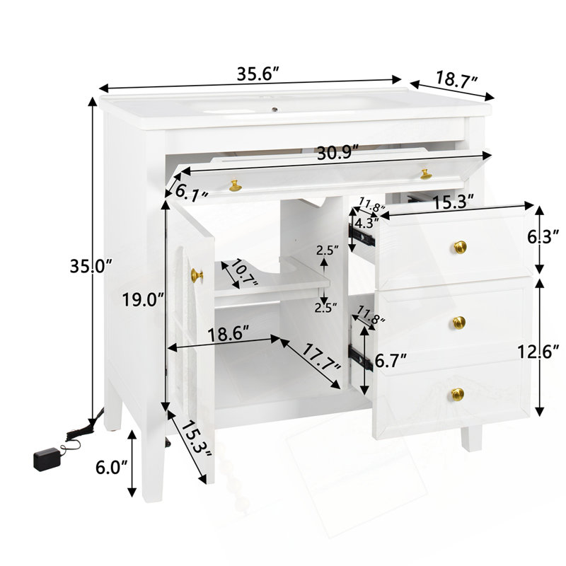 35.6" Mid-Century Bathroom Vanity Sink, White