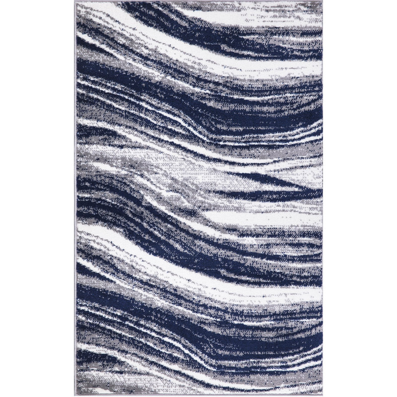 Peterstown Marble Stripes Power Loomed Performance Navy Rug, Rectangle 2'7" x 4'1"
