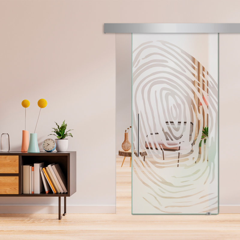 Porte de grange coulissante en verre sans cadre avec design moderne sablé et quincaillerie (semi-privée), 34 po x 84 po