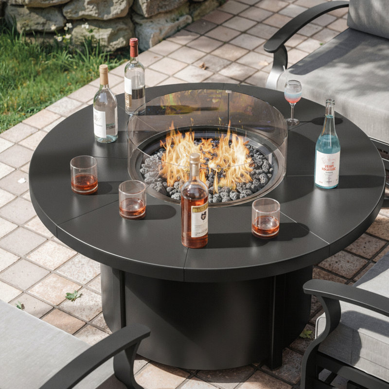 Table de foyer d'extérieur ronde 48 000 BTU avec pare-flammes en verre Dobbs