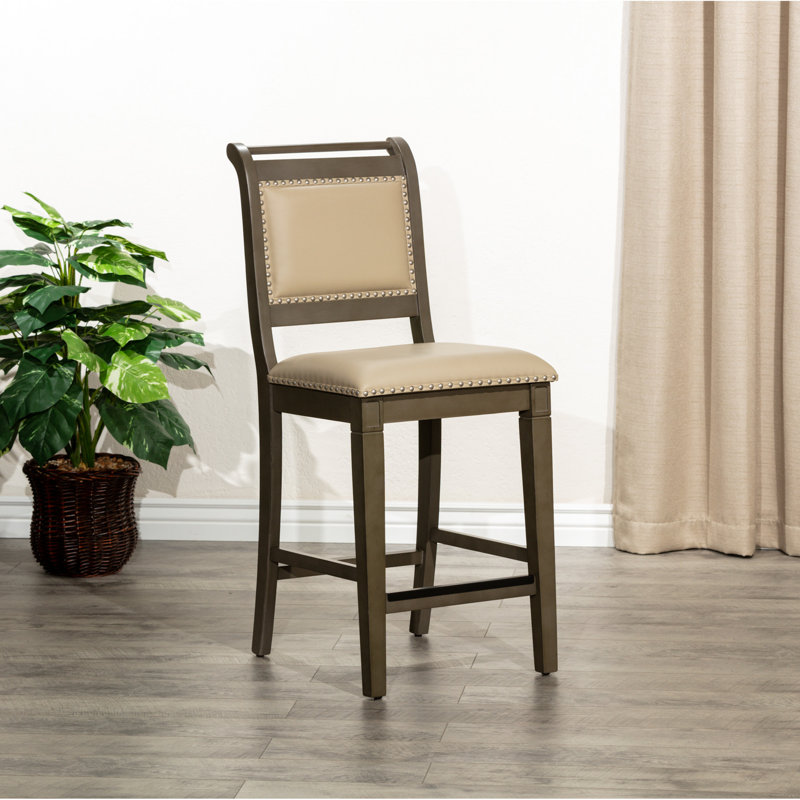 Tabouret de comptoir 24 po avec touche grise patinée, base de chaise en cuir français, toucher, siège, Beige, Gris