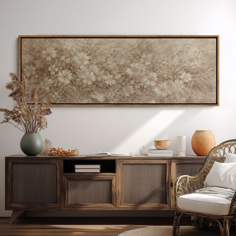Extra Large Vintage Sepia Floral Botanical Field Framed Canvas Print Wall Art, 20" H x 60" W, Natural