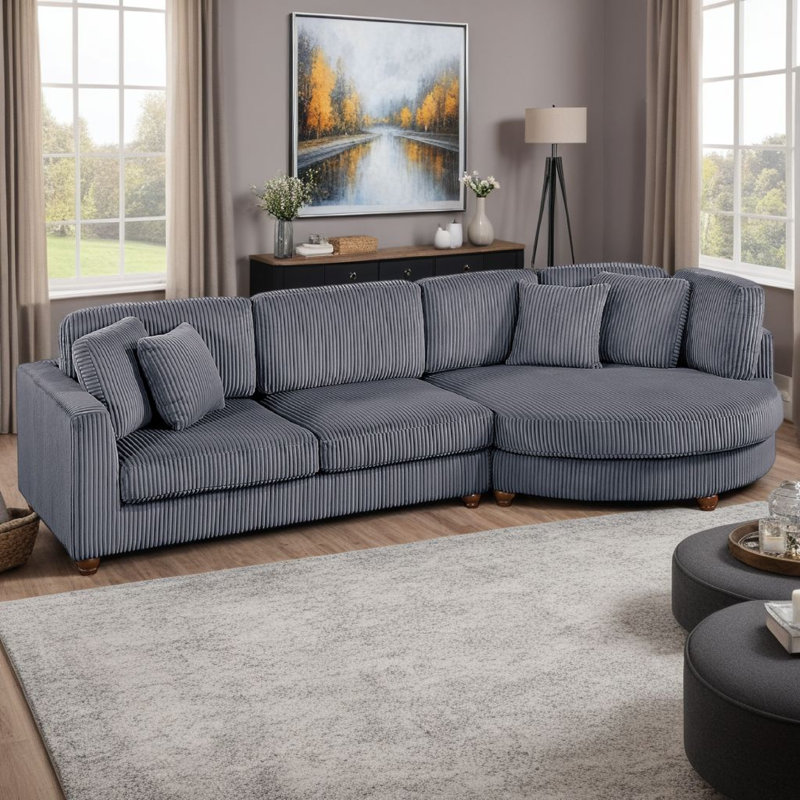 Zeo 2Pc Oversize Sectional Sofa And Chaise, 4 Pillows, Corduroy, Grey Corduroy