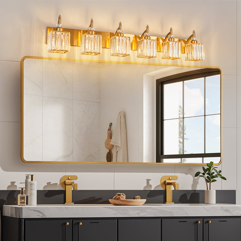 Éclairage pour meuble-lavabo en cristal - Luminaire de salle de bain moderne or 6 lumières au-dessus d'un miroir, Doré