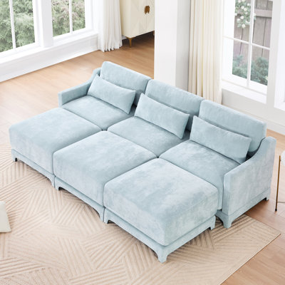 Three - Seater Sofa, 3 Movable Ottomans, Equipped With Lumbar Pillow,Chenille Fabric, High Quality Wooden Base, Ergonomic Design, High - Resilience Sponge, Easy To Install, Suits Studies