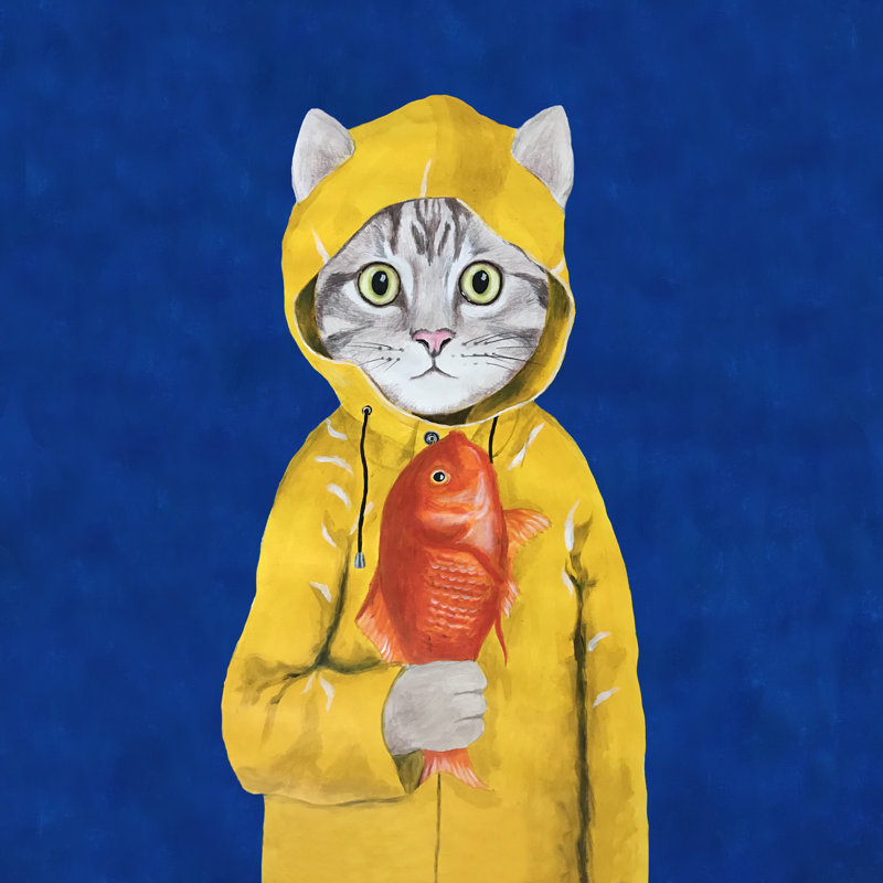 " Cat With Fish ", 20" H x 20" W, No, White Floater Framed Canvas