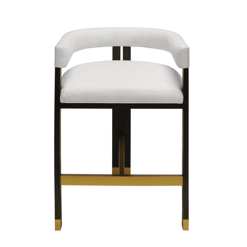 Contemporary White Linen Upholstered Bar Stool with Solid Oak Frame