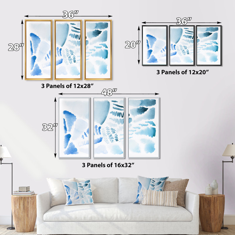 «Retro Elements In Blue And Green II», peinture sur toile flottante 3 pièces, L 36 po x H 28 po, Encadrement brun