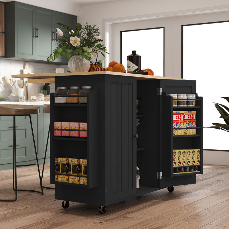 50.9" Farmhouse Rolling Kitchen Island Cart with Foldable Drop-Leaf Wood Countertop, Storage Cabinets, Drawer, Side Spice Rack & Lockable Casters, Mobile Kitchen Prep Island