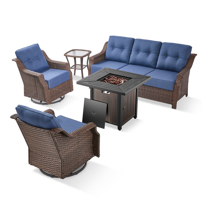 Elona 5-Piece Outdoor Wicker Patio Conversation Set With Square Metal Fire Pit, Swivel Gliders And Side Table For Patio, Blue