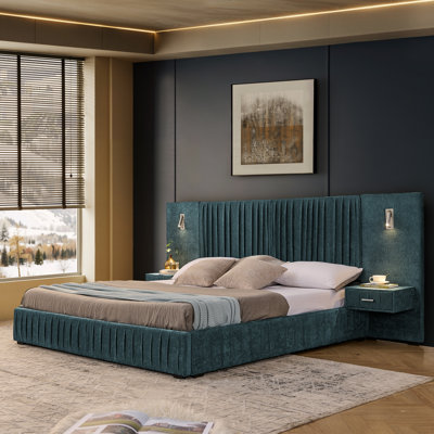 Très grande base de lit tapissier plateforme en tissu chenille avec structure plissée, structure solide et table de chevet, aucun sommier nécessaire - bleu-vert