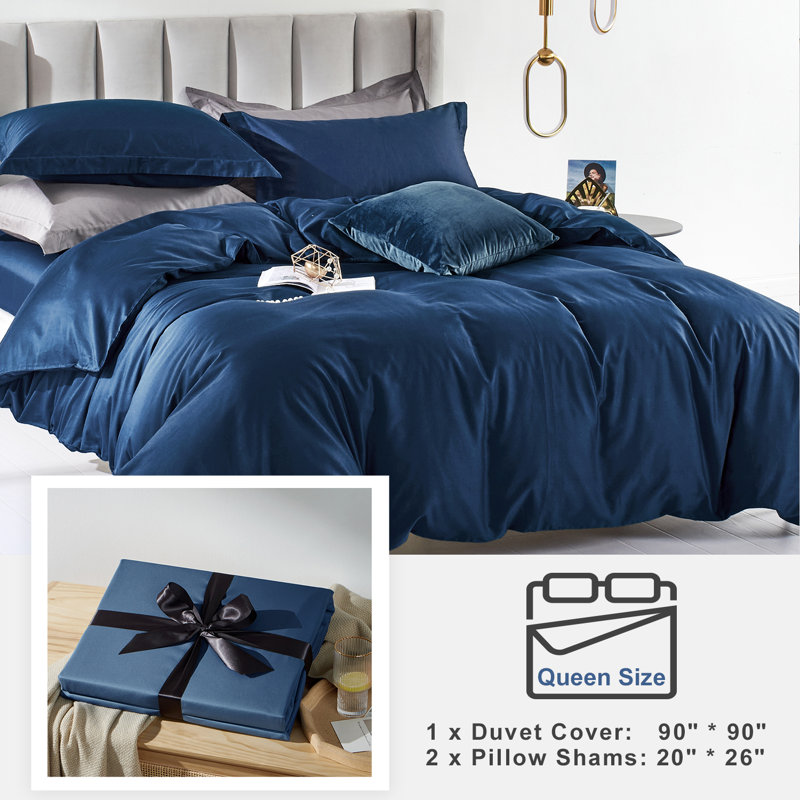 Solayne Sateen Cotton Duvet with Zipper & Corner, Fade-Resistant, Machine Washable, Queen Duvet Cover + 2 Queen Pillowcases