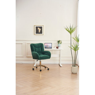 Fauteuil de bureau pivotant à 360° en tissu Teddy, avec base en métal doré et roulettes universelles, vert