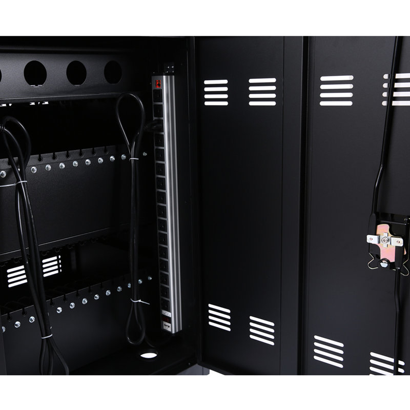 Chariot de charge mobile noir pour 30 appareils -, tablettes, ordinateurs portables avec gestion des câbles, roues verrouillables, multiprise performante, tablette et ordinateur portable 30 + 2 baies, noir, bandes Ul, traitement antirouille