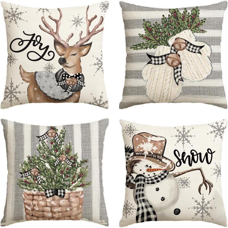 Christmas Reindeer Snowman Eucalyptus Polyester Throw Pillow Covers, 18x18 Inch, Set of 4