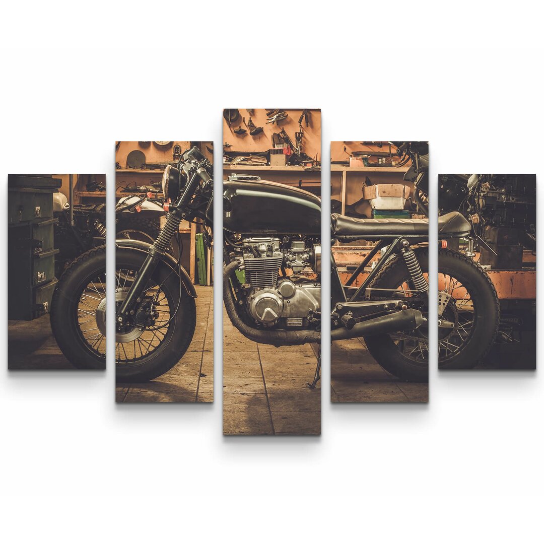 5-tlg. Leinwandbilder-Set Cafe Racer Motorrad in Garage