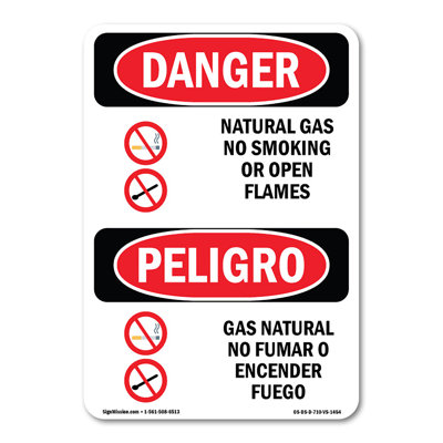 Natural Gas No Smoking Bilingual  Aluminum Sign 10" X 7"