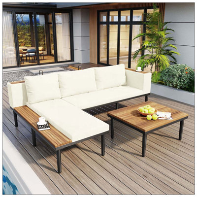 Ensemble de canapé de patio en L en bois d'acacia avec table d'appoint et coussins de 3,15 po
