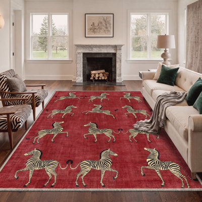 Aldovin Savanna Animal Print Machine Washable Red Indoor Area Rug with Non-Slip Backing