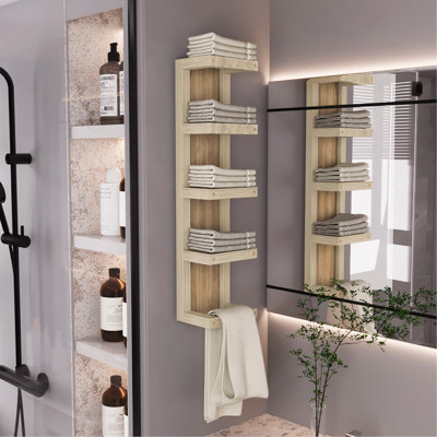 5-Tier Wall Towel Rack, Vertical Storage Organizer for Bathroom Towels and Accessories, Natural Oak