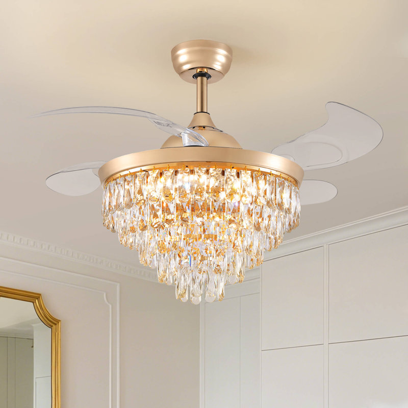 Retractable Crystal Ceiling Fan With Led Lights & Remote Control, 42"